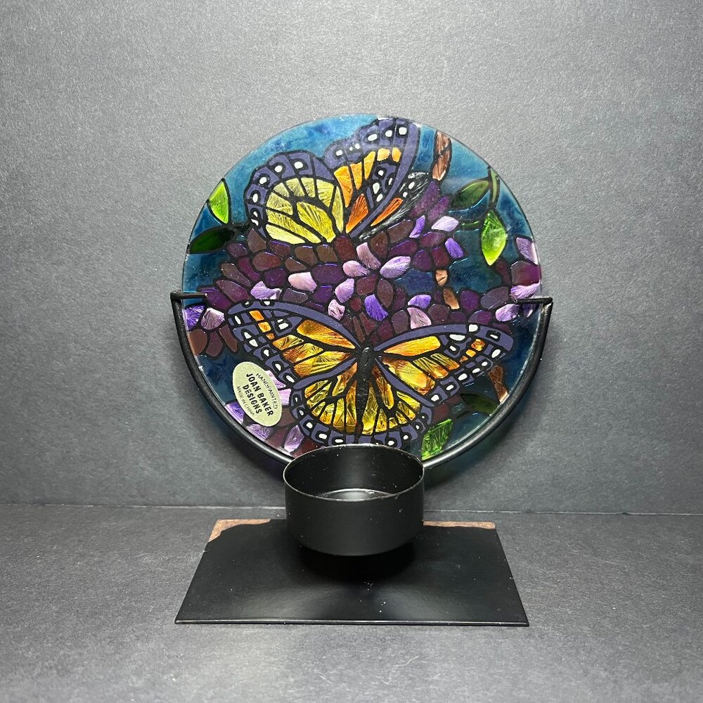 Joan Baker Designs Hand Painted Glass Butterfly Floral Tealight Candle Holder